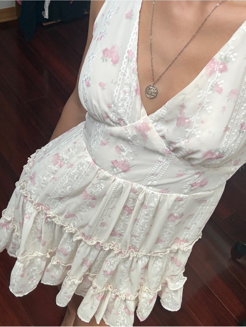 Lush white & pink floral lace mini dress with ruffles, size S